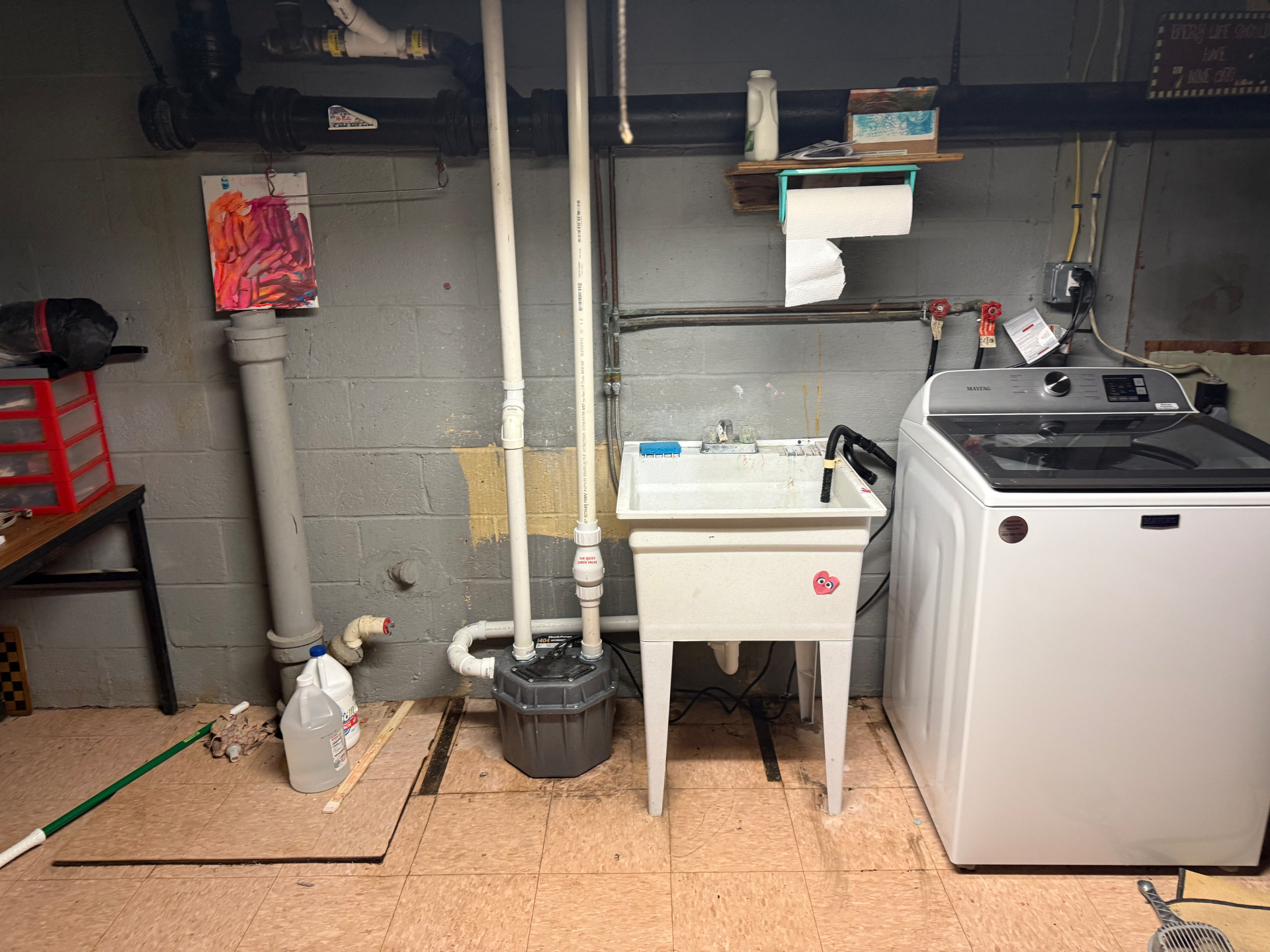 Basement laundry area with sump pump and drainage piping in a Hamden home