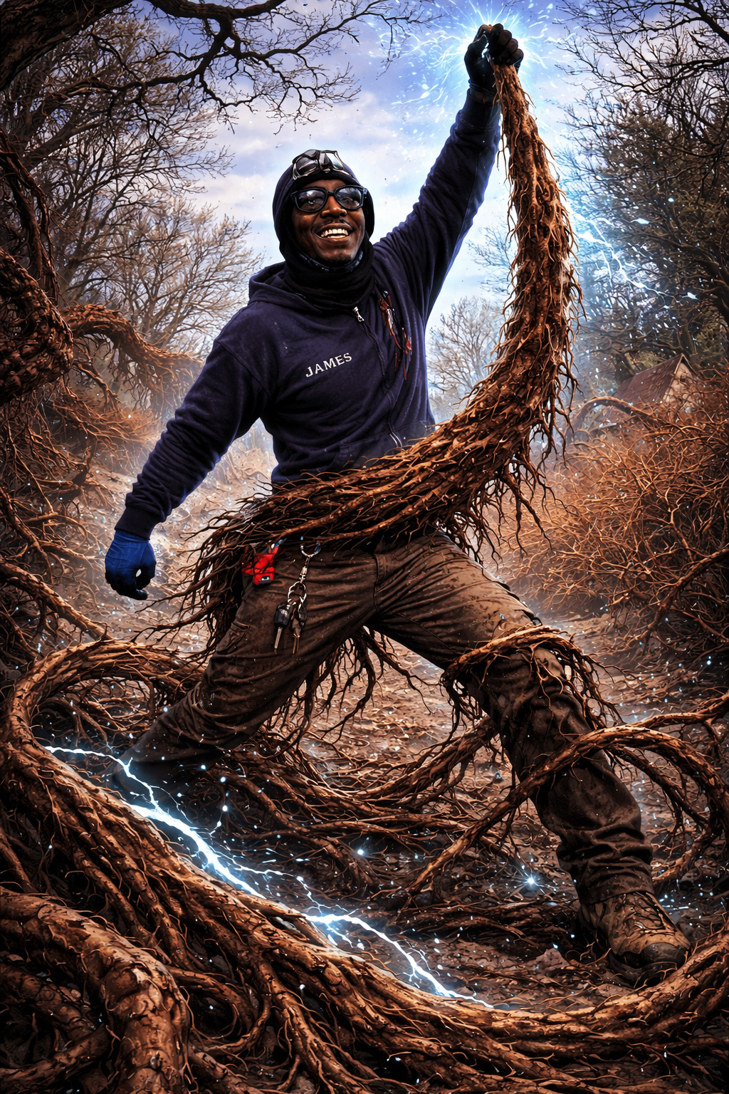 James tackling roots — the Drain Wizard team makes short work of what stops most drain lines cold.