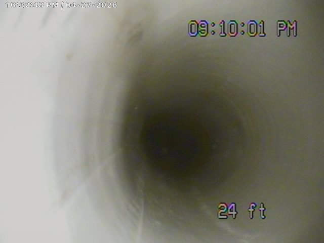 24 ft downstream: clear, open pipe all the way to the city main. Every root removal job ends with a verification camera run — no guessing.