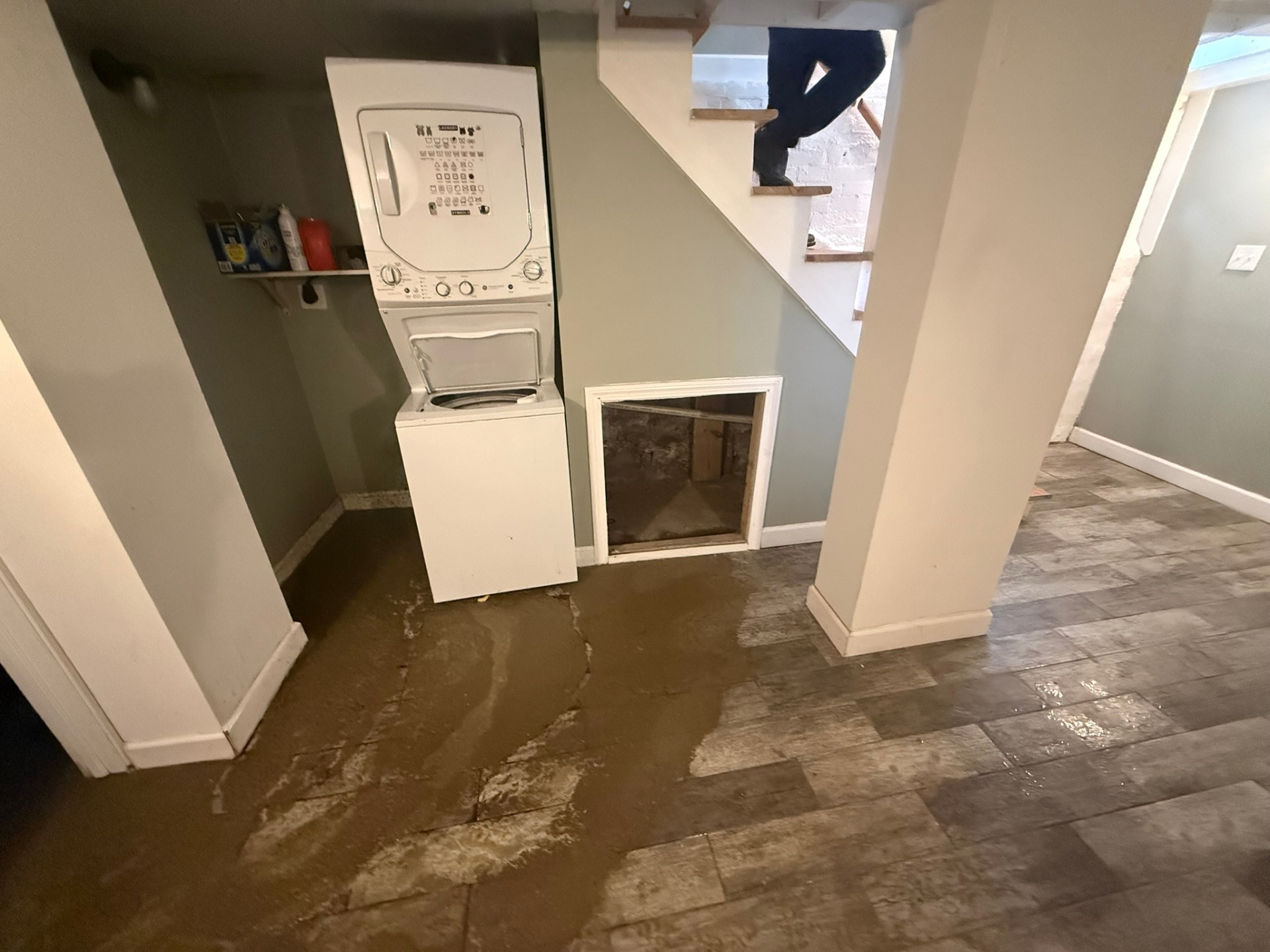 Sediment line across the finished floor shows how high the flood water stood. We document every job with photos for the homeowner and their insurance carrier.